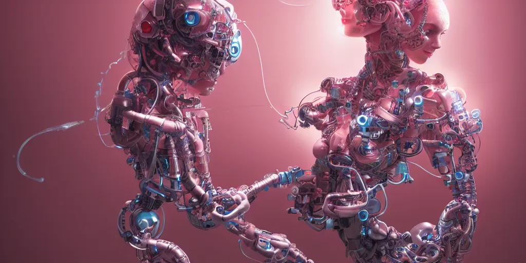 Image similar to hyperrealistic photography of a gorgeous cabled female cyborg scientist making a machine that makes pink bubbles in the style of Jin Kagetsu, James Jean and wlop, highly detailed, masterpiece, award-winning, sharp focus, intricate concept art, ambient lighting, 8k, artstation