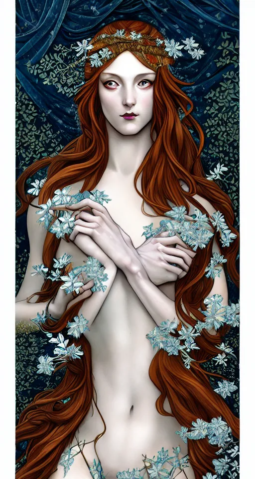 Image similar to the Goddess of Winter, in a mixed style of Botticelli and Æon Flux, inspired by pre-raphaelite paintings and shoujo manga, surrounded by flora and fauna, hyper detailed, stunning inking lines, flat colors, 4K photorealistic