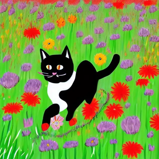 Prompt: cat running in field surrounded by flowers, Folkart Style