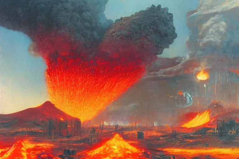 Prompt: a cyberpunk city in the crater of a volcano, lava flowing, smoke, fire, industrial, by paul lehr