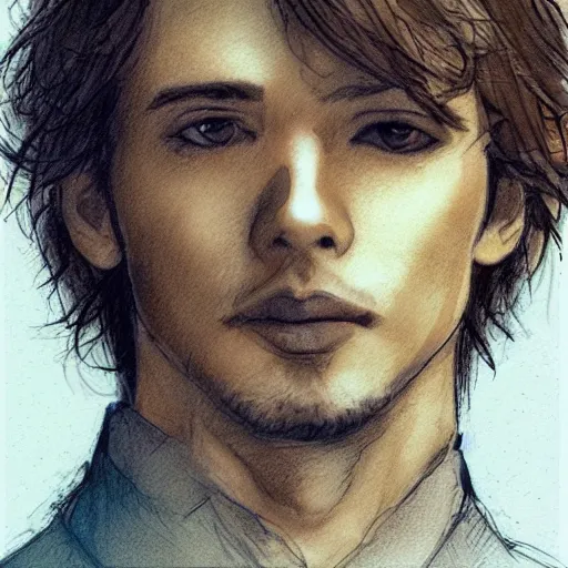 Image similar to self portrait, young handsome man with short light brown hair and light sking holding a pug for a picture, pencil art, added detail, high definiton, colored, backfacing, by yoji shinkawa