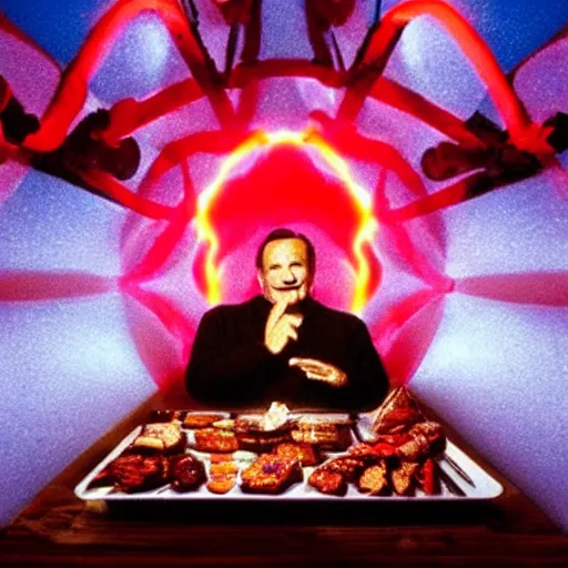 Image similar to robin williams begins the ritual, sacred symbols, red laser light contorting into sacred geometry, john candy rises out of the bbq sauce pool, desaturated, dappled gold light, holy image