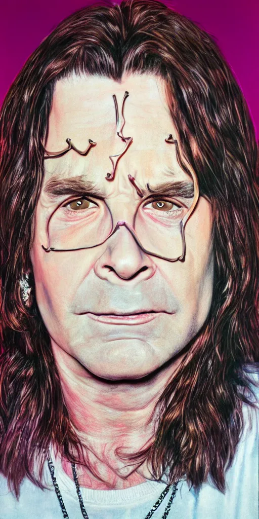 Prompt: detailed portrait of Ozzy Osbourne, neon light, hyper realistic, with horns on his head,