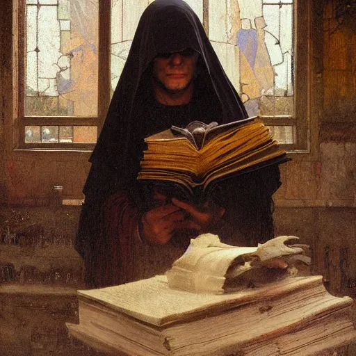 Image similar to half portait of magican wearing a closed cowl with big old book!, jeremy mann, jean leon gerome, alphonse mucha, greg rutkowski, hood covers his eyes, ( ( ruins of ancient rome ) ), at dusk, mysterious atmosphere, sunrays, dof, masterpiece, high detailed, 8 k