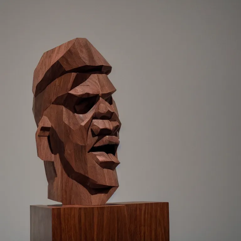 Image similar to enormous geometric minimalist accurate sculpture of norman reedus sticking out his tongue, beautiful symmetrical!! face accurate face detailed face realistic proportions, hand - carved out of mahogany wood on a pedestal by stephan balkenhol and martin puryear, cinematic lighting shocking detail 8 k