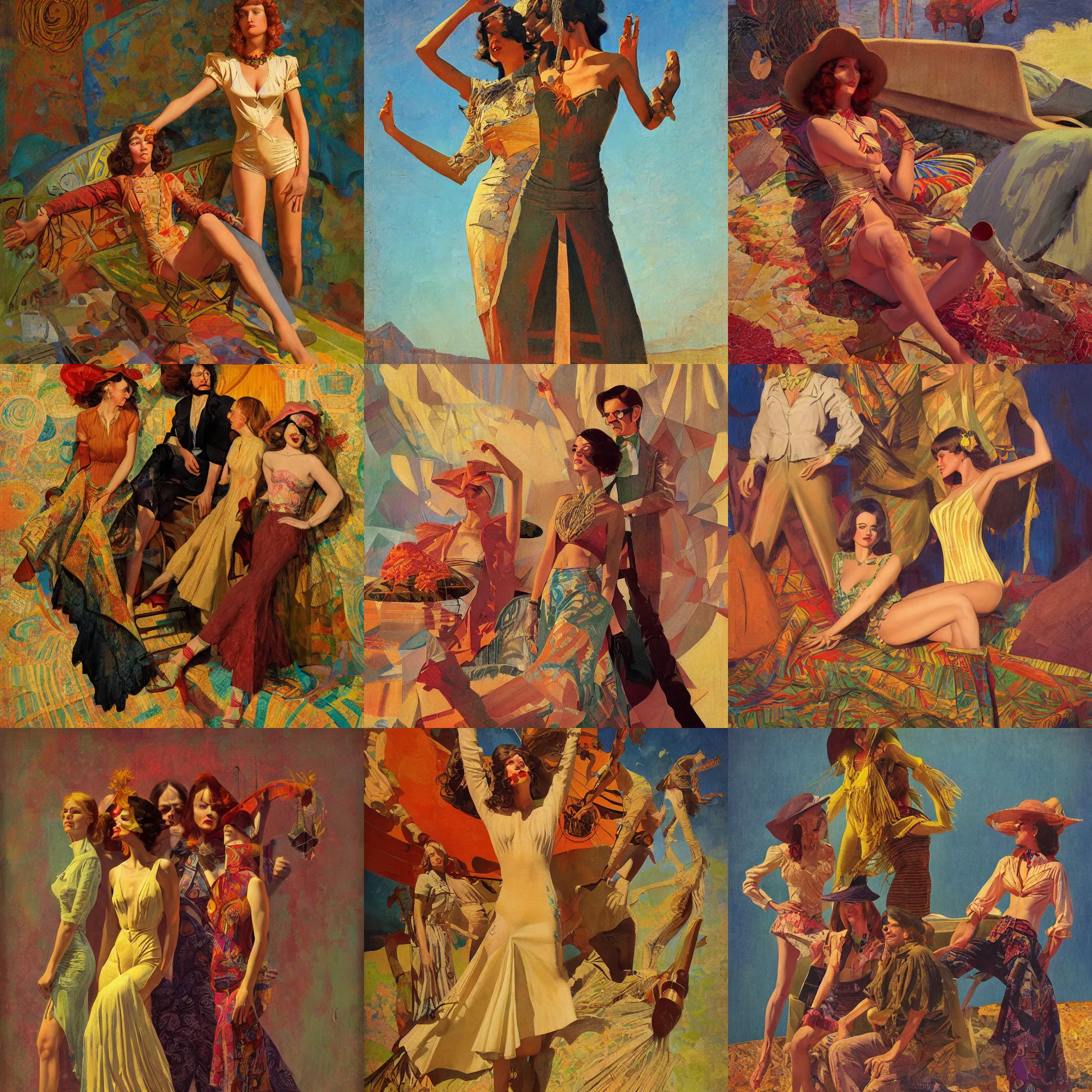 Image similar to pulp art, 1970s hippie cloth style, artwork by Joseph Leyendecker and Hugh Ferriss and gil elvgren and ilya repin and sergey kolesov, geometric shapes, impressionism, soviet paintings, 3d octane blender render, progressive rock album cover