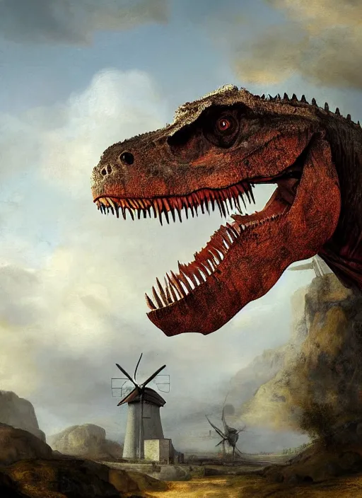 Prompt: portrait of a tyrannosaurus rex growling at a windmill!!!, digital art, highly detailed, stunning scene, realism, bright colors, trending on artstation, masterpiece, by rembrandt and carel fabritius