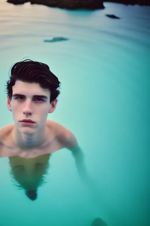 Image similar to high quality pastel coloured film mid angle docu photograph of a beautiful young 2 0 year old male, soft features, short black hair, swimming, jumping in an icelandic black rock pool environment. atmospheric. three point light. photographic. art directed. ( pastel colours ). volumetric light. clearcoat. waves glitch. 8 k. filmic.