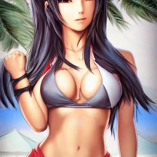 Image similar to beautiful tifa from final fantasy in a bikini on the beach making eye contact drawn by artgerm