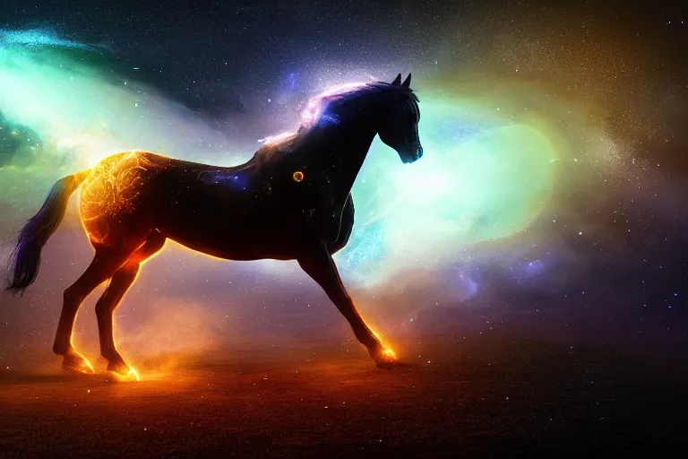 Image similar to a stunning horse made of a illuminated astronomical map running through a space nebula by greg rutkowski, high key lighting, volumetric light, digital art, highly detailed, fine detail, intricate, ornate, complex, octane render, unreal engine, photorealistic