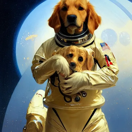 Prompt: a golden retriever in a space suit, highly detailed, digital painting, artstation, concept art, sharp focus, illustration, art by greg rutkowski and alphonse mucha