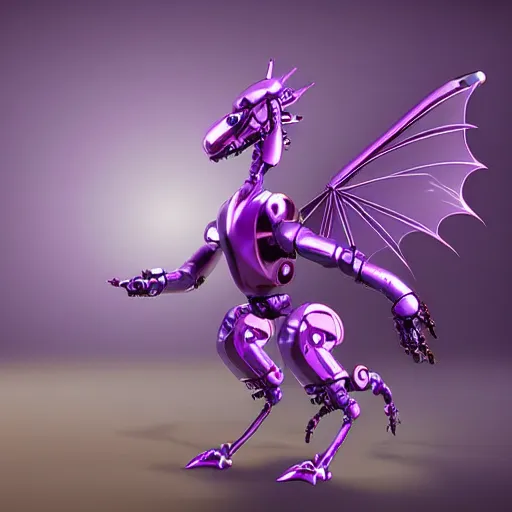 Image similar to very cute and smart robototechnic purple dragon with well-designed head and body and four legs, digital art