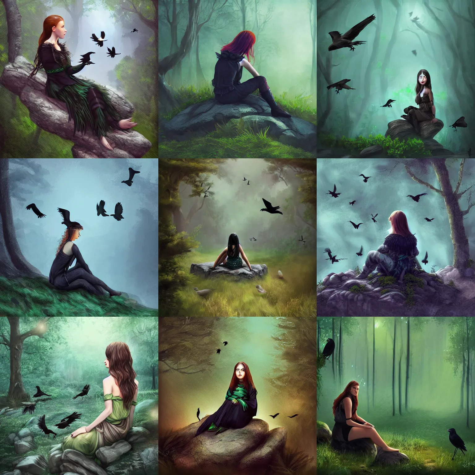 Prompt: a girl sitting on a rock in a forest with crows. dark green lighting. detailed digital fantasy art painting by Jeszika Le Vye