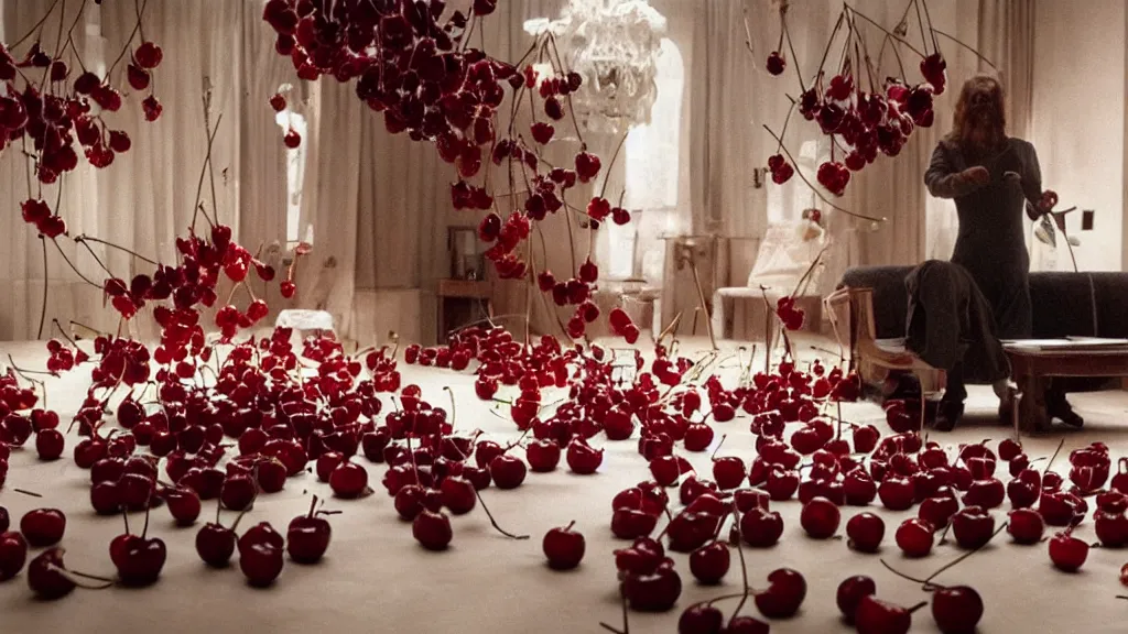 Prompt: Cherries exploding into smaller cherries in a living room, film still from the movie directed by Denis Villeneuve with art direction by Salvador Dalí, wide lens