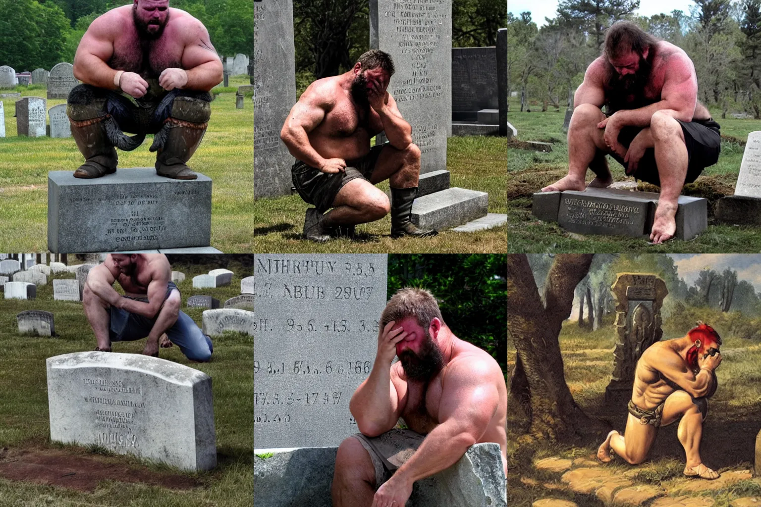 Prompt: a burly Barbarian, saddly crying at the tombstone of his beloved