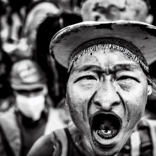 Prompt: hunnic protester face photo black and white wide angle lense