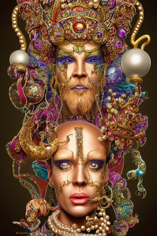 Image similar to maximalist detailed wise old genie portrait by adoryanti, machine. delusions, holosomnia, electrixbunny, rendered in discodiffusion. decorated with pearls and gems, behance hd. by andrei riabovitchev, tomasz alen kopera, oleksandra shchaslyva igor goryunov artgerm. ray tracing hdr polished sharp