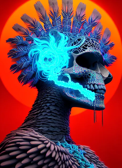 Image similar to 3 d goddess profile portrait, sigma 5 0 0 mm f / 5. beautiful intricate highly detailed quetzalcoatl skull and feathers. bioluminescent, plasma, lava, ice, water, wind, creature, thunderstorm! artwork by tooth wu and wlop and beeple and greg rutkowski, 8 k trending on artstation,