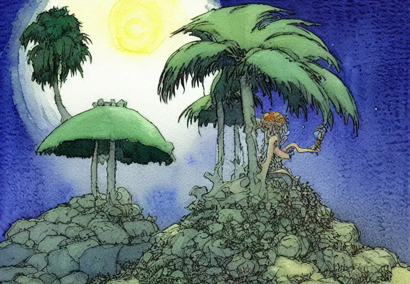 Image similar to a simple watercolor fantasy concept art of a dark grey cube next to a palm tree at night. by studio ghibli, rebecca guay, michael kaluta, charles vess