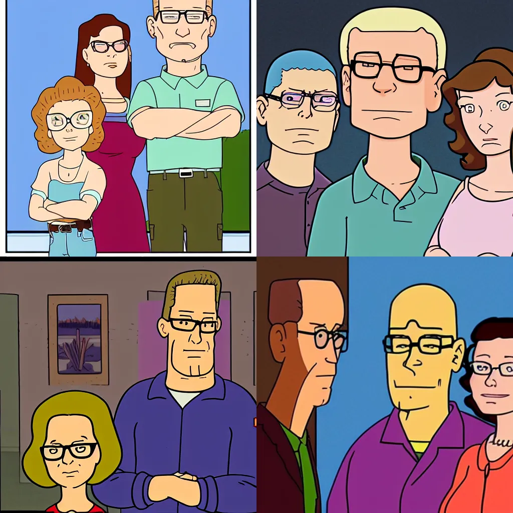 Prompt: hank hill peggy hill and bobby hill stand facing viewer as though posing for a family portrait, neutral expressions