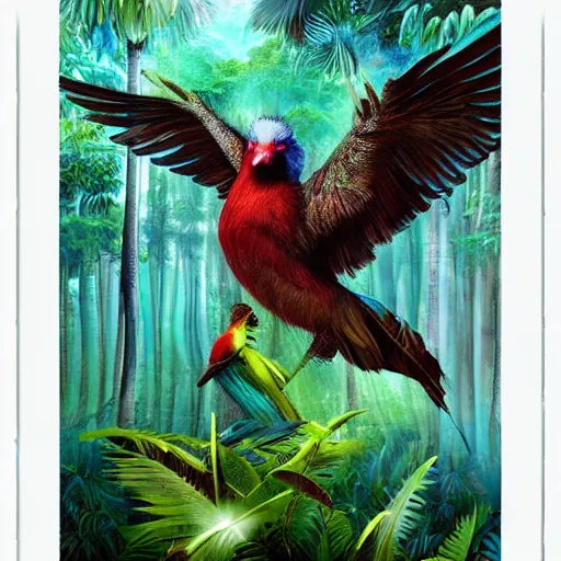 Image similar to mystical folk birdhuman character on a tropical forest, realistic proportions, hyper realism, mystic painting, glitch art, poster art, japanese design