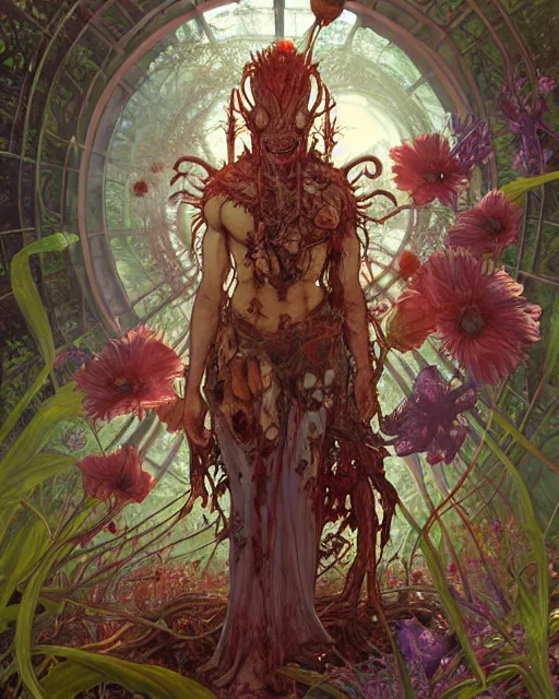 Prompt: the platonic ideal of flowers, rotting, insects and praying of cletus kasady carnage davinci dementor chtulu mandala ponyo dinotopia bioshock the witcher, fantasy, ego death, decay, dmt, psilocybin, concept art by randy vargas and greg rutkowski and ruan jia and alphonse mucha