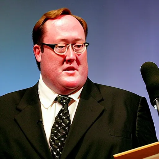 Prompt: 2 0 0 7 john lasseter wearing a black suit and black necktie giving a eulogy at a podium. his eyes are wet with tears, emotional, looks sad and solemn