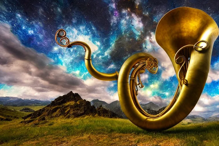 Image similar to intricate ornate varied tuba cloud sculpture landscape, art nouveau environment, tense, milky way, award winning art, epic dreamlike fantasy landscape, ultra realistic,