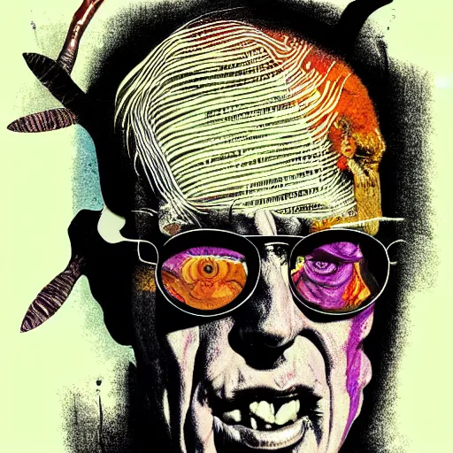 Prompt: graphic illustration, creative design, ancient lord, biopunk, francis bacon, highly detailed, hunter s thompson, mixed media