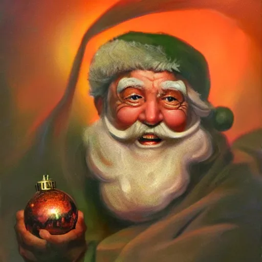 Prompt: an ultra - realistic portrait painting of santa claus holding a snowglobe in the style of frank frazetta. 4 k. ultra - realistic. highly detailed. dark fantasy. epic lighting.