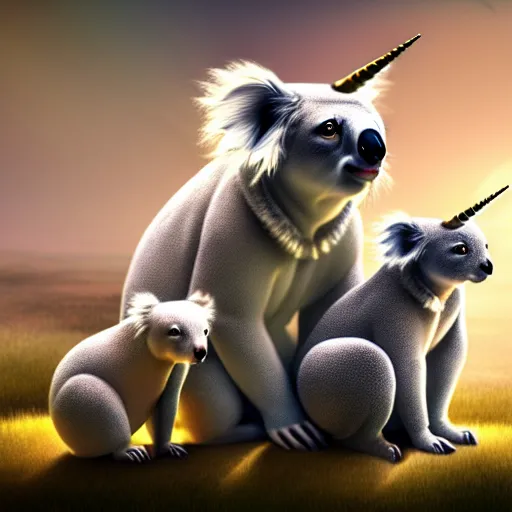 Image similar to A family portrait of unicorns and koalas, hyperdetailed, artstation, cgsociety, 8k