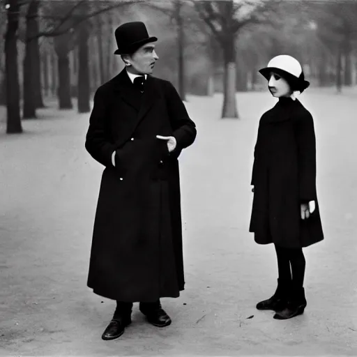 Prompt: a thin man in a black coat and bowler hat talks with small young girl who is dressed in a red coat and a red hat, park, autumn, 1923, wide angle, high detail, in style of Pierre-Auguste Renoir, 8k, width 768