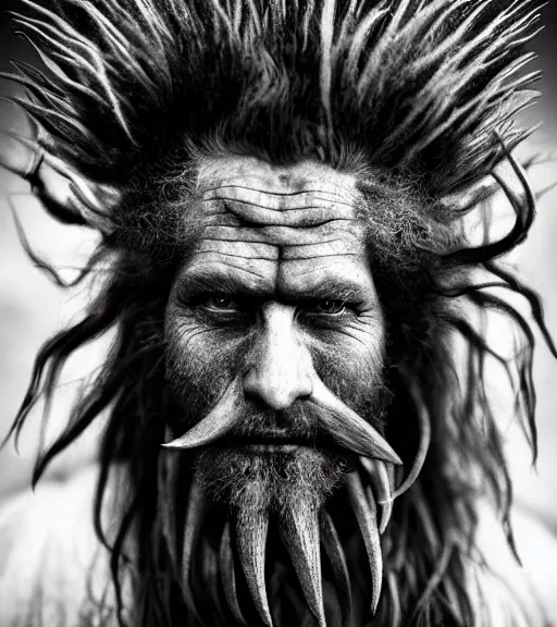 Prompt: Award winning Editorial photograph of Early-medieval Scandinavian Folk monsters with incredible hair and fierce hyper-detailed eyes by Lee Jeffries, 85mm ND 4, perfect lighting, wearing traditional garb, With huge sharp jagged Tusks and sharp horns, gelatin silver process
