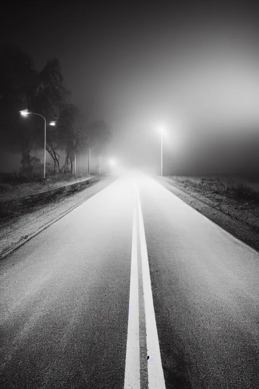 Image similar to long highway, lit by street lights, night, fog, award winning photography