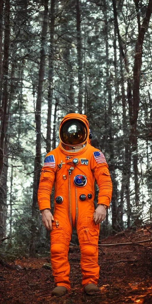 Image similar to american astronaut in orange suite, in the forest plants environment wide angle cinematic lighting atmospheric realistic octane render highly detailed in th
