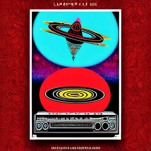 Image similar to red and black psychedelic music flyer with aliens and flying saucers from the 60’s with occult symbols in the background