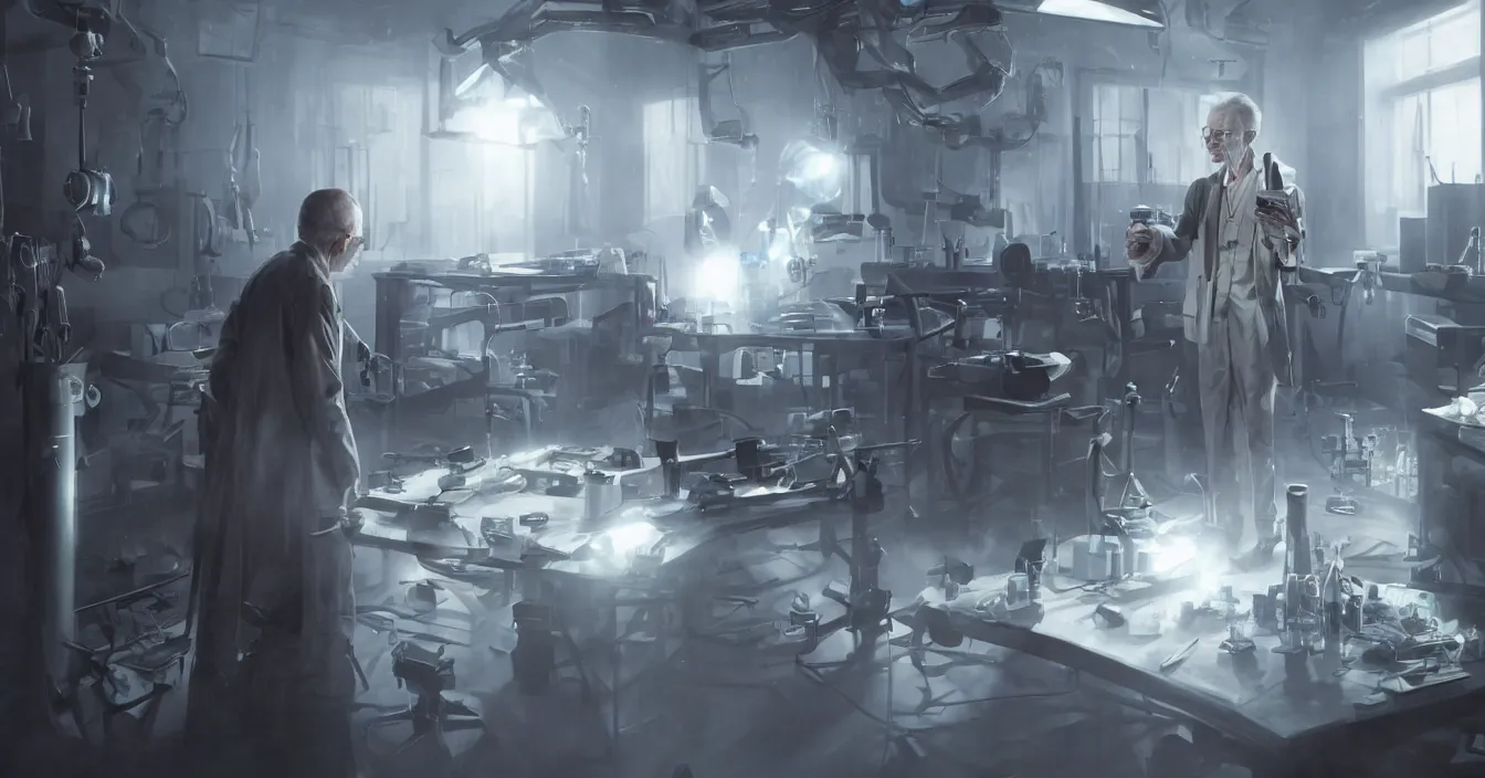 Image similar to realistic image from scifi movie with old doctor creating new humanoid robots in his laboratory, table with scifi tools, reflections, volumetric fog light, dark atmosphere, dramatic cinematic composition, depth, defocus, rendered in vray, raytracing, raymarching, by ilm, digital domain, weta digital