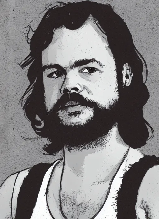 Image similar to illustration of young tim robbins with dark brown hair and a big bushy beard, wearing a white tank top