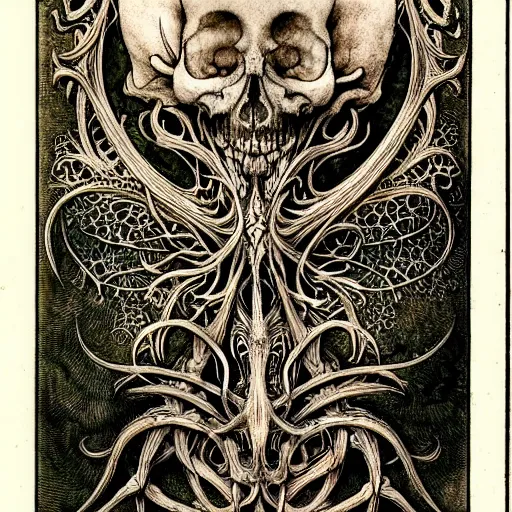 Image similar to memento mori by arthur rackham, art forms of nature by ernst haeckel, exquisitely detailed, art nouveau, gothic, ornately carved beautiful skull dominant, intricately carved antique bone, art nouveau botanicals, ornamental bone carvings, art forms of nature by ernst haeckel, horizontal symmetry, arthur rackham, ernst haeckel, symbolist, visionary