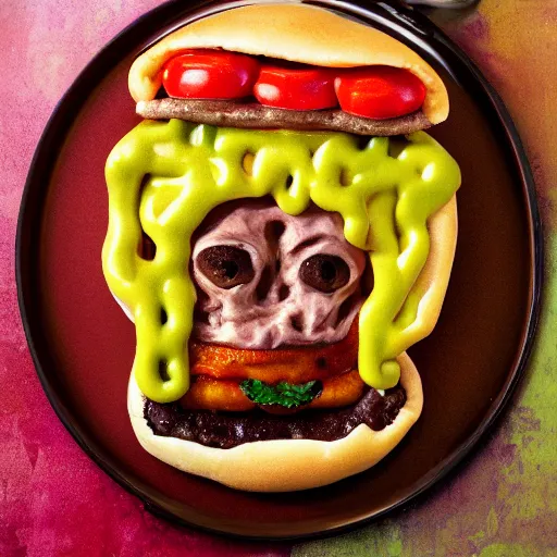 Image similar to a humanoid bipedal upright zombie that strongly resembles a hamburger, professional food photography