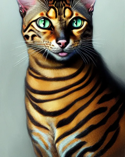 Image similar to bengal cat, character portrait, portrait, close up, concept art, intricate details, highly detailed by greg rutkowski, michael whelan and gustave dore