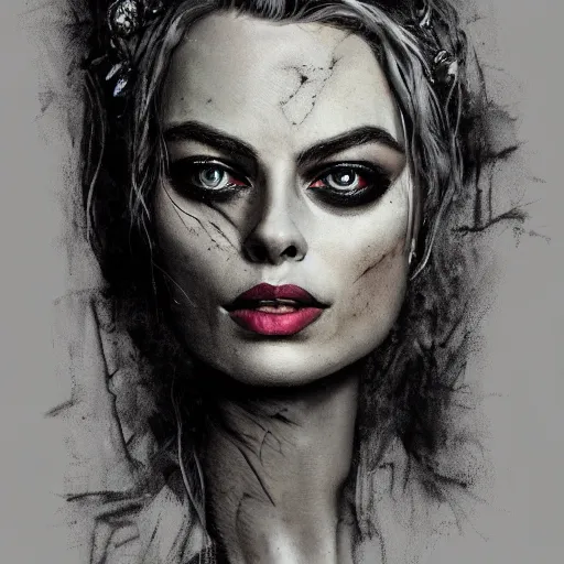 Image similar to michael karcz grunge drawing of margot robbie. , in the style of corpse bride, loony toons style, horror themed, detailed, elegant, intricate, trending on artstation, 4k