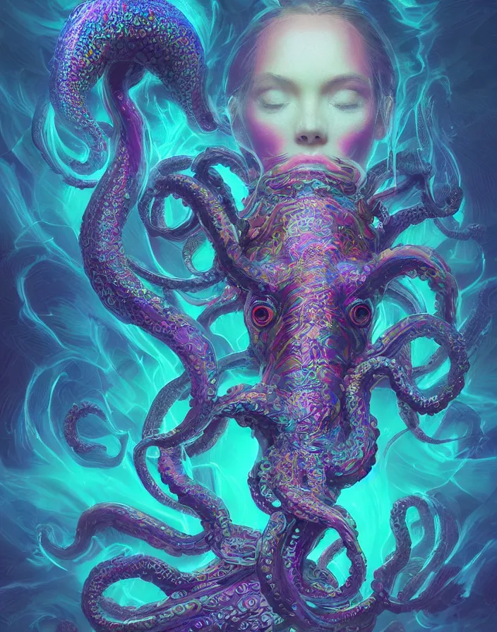 Image similar to goddess portrait. iridescent octopus phoenix head. intricate artwork by Tooth Wu and wlop and beeple and dan mumford. octane render, trending on artstation, greg rutkowski very coherent symmetrical artwork. cinematic, hyper realism, high detail, octane render, 8k, depth of field, bokeh