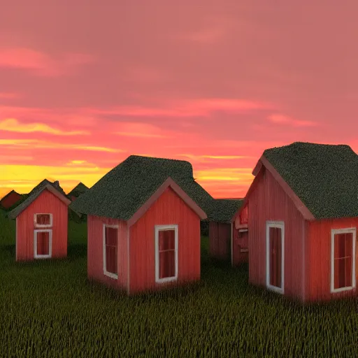 Image similar to glue houses, vaponpunk, sunset, 8k, soft light, ray tracing, wet ground