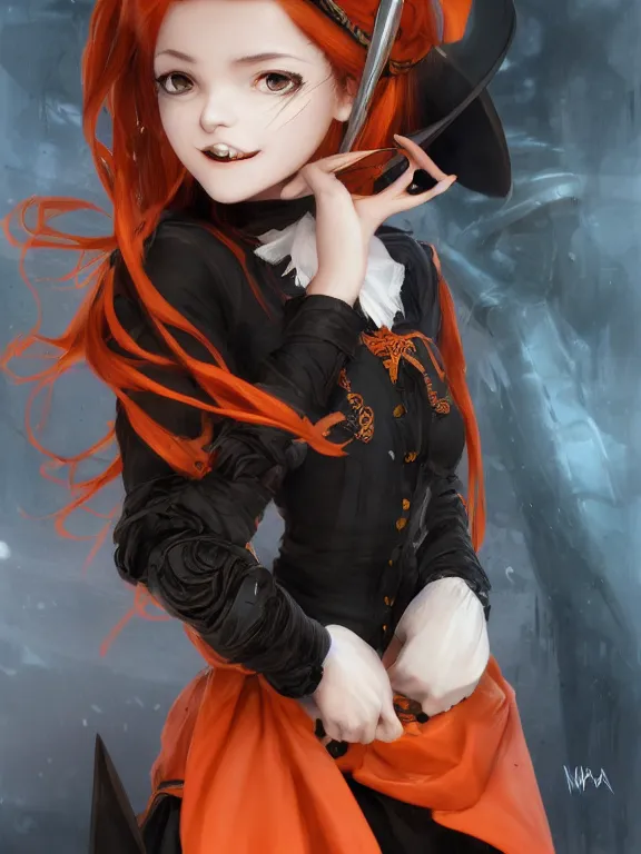 Prompt: Full shot of a cute mischievous young witch about to get up to some trouble. Latin inspired fashion. Black and Orange palette. Latina with braces. By Ruan Jia and Artgerm and Range Murata and WLOP and CLAMP and Loish. Key Art. Fantasy Illustration. award winning, Artstation, intricate details, realistic, Hyperdetailed, 8k resolution.