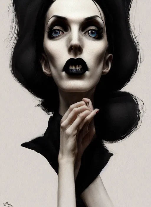 Image similar to portrait of a lanky woman with a crooked nose and a confident expression, 1 9 6 0 s, black clothes, goth, punk, funk, intricate, elegant, highly detailed, digital painting, artstation, concept art, smooth, sharp focus, illustration, art by wlop, mars ravelo and greg rutkowski