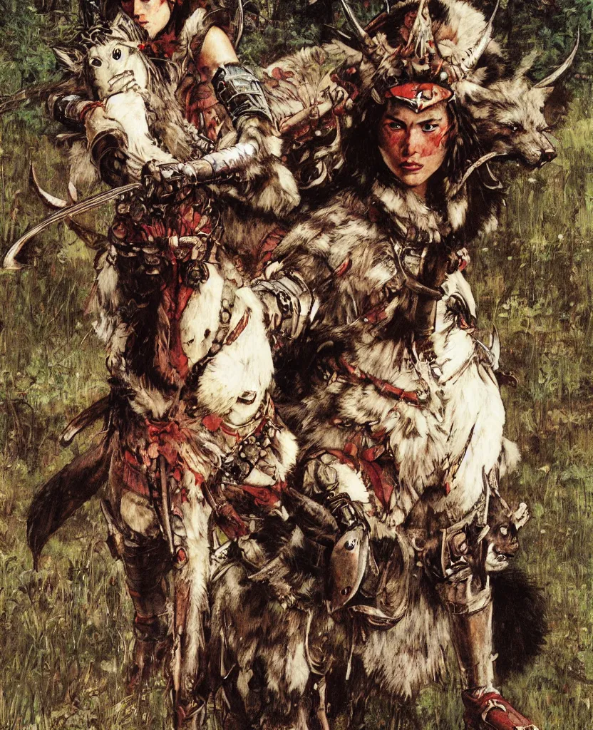 Image similar to portrait of fierce Princess Mononoke, fully clothed in armor, painted by norman rockwell, james gurney, denoised, sharp, architectural