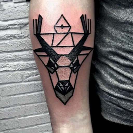 Image similar to dark geometric isometric pixel art crystaline stag head, tattoo on forearm