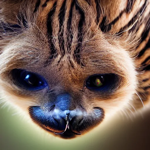 Image similar to a feline cat - sloth - hybrid with a beak, animal photography, wildlife photo, award winning