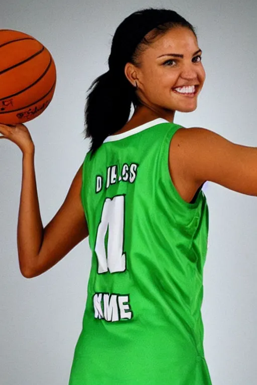 Image similar to character photo. female basketball player in light green sleeveless dress, gleefully telling a bs story full of lies. danielle campbell. facial expression of manic obsessive love. black hair in ponytail. bright blue eyes. built like basketball player